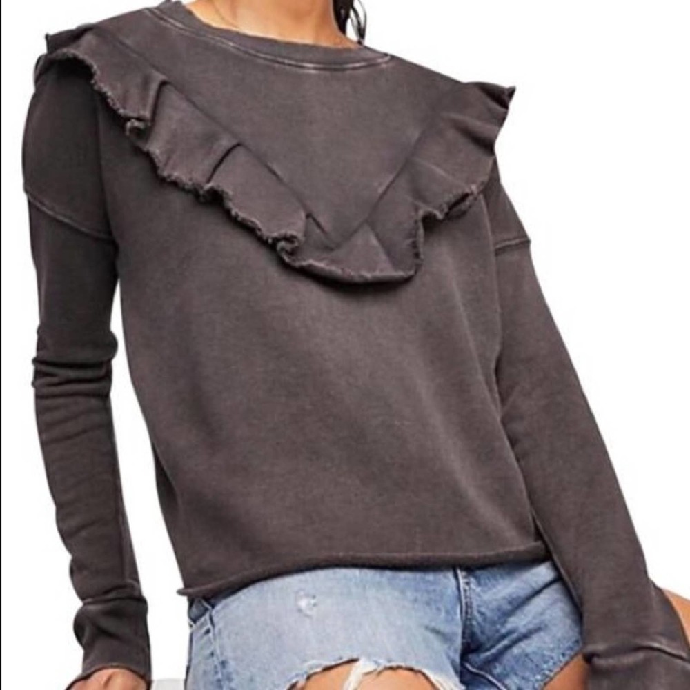 Free People | Charcoal Grey Sweater Long Sleeve Ruffle V Neck Medium